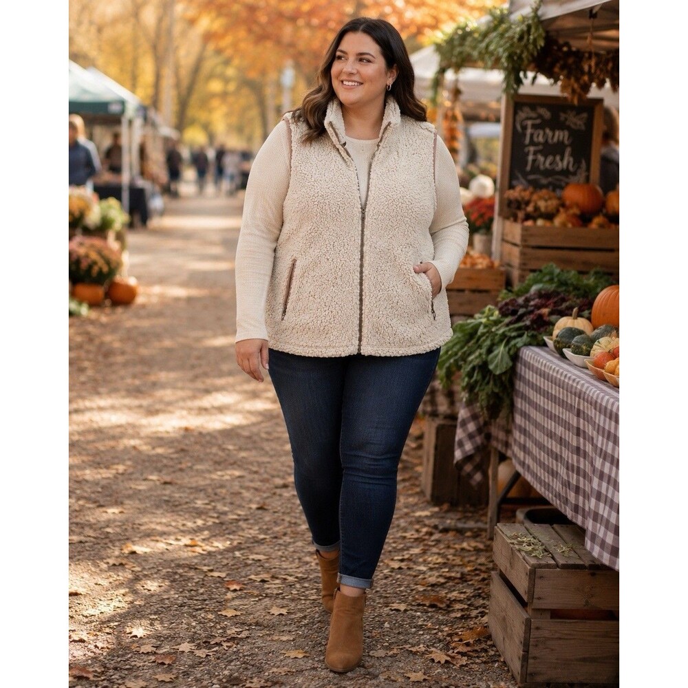 Thread & Supply Sherpa Fleece Vest XL Beige Full Zip Teddy Plush Pockets